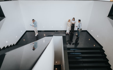 Colleagues discuss plans in a modern atrium beside a glossy black staircase and white wallsの写真素材