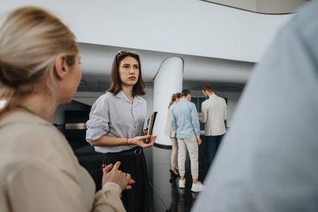 Business colleagues gather in a modern lobby, preparing for a meeting and discussing documents in a sleek office settingの写真素材