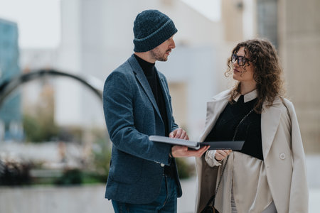 Business partners discuss documents outdoors in smart attire, sharing notes and ideasの写真素材