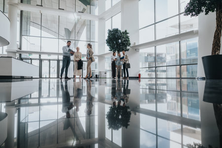 Group of colleagues and coworkers discuss ideas in a bright modern office lobby with glass walls and reflectionsの写真素材