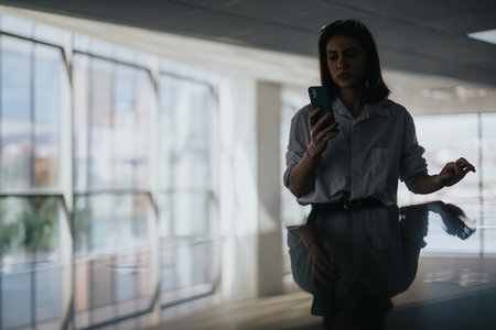 Woman using smartphone in a modern office lobby with reflective surfaces and glass wallsの写真素材