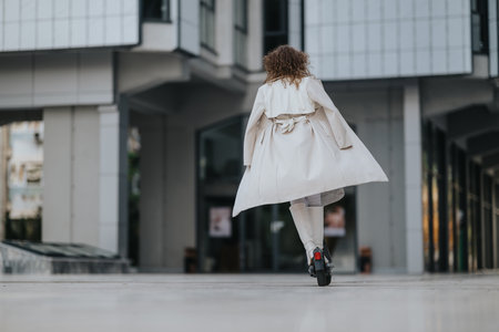 Woman walking away in a beige trench coat through a modern city plaza, radiating urban styleの写真素材
