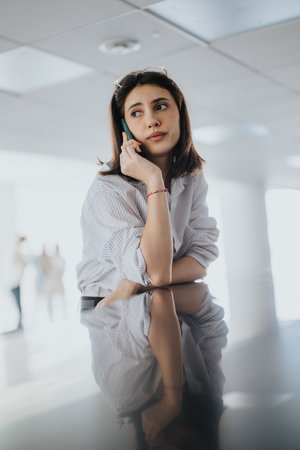 Thoughtful woman on the phone in a bright office, casual striped shirt, reflective glass deskの写真素材