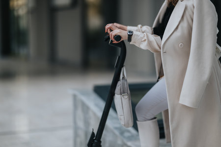 Stylish woman in beige coat rides an electric scooter in an urban cityscapeの写真素材