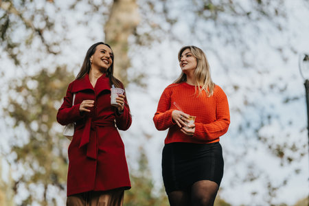 Two friends walk outdoors in autumn, enjoying drinks and conversation in stylish coatsの写真素材