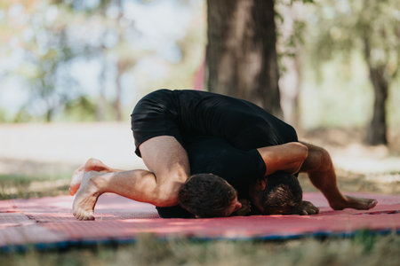 Two athletes wrestle outdoors on a red mat in a park during an intense grappling workoutの写真素材