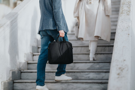 Two people walking up stairs with a black bag, portraying business and travel lifestyleの写真素材