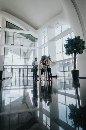 Group of colleagues in a bright modern lobby discussing a tablet near glass wallsの写真素材