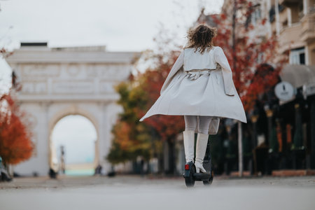 Woman in light coat rides hoverboard along autumn city street near a grand archwayの写真素材