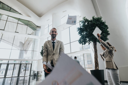 Colleagues celebrate in a modern office lobby after a successful presentation and team effort.の写真素材
