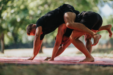 Outdoor wrestling training session on a red mat with athletes practicing grapplingの写真素材
