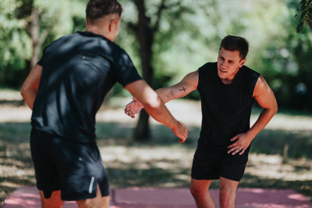 Two men in black athletic wear shake hands after outdoor wrestling training on a sunny dayの写真素材