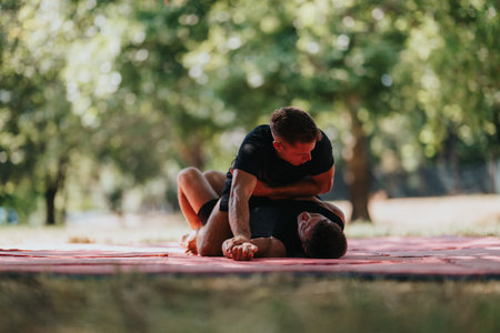 Outdoor wrestling match on a red mat in a sunny park with two men competingの写真素材
