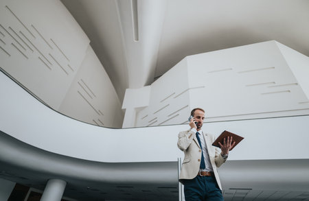 Businessman in beige blazer talks on phone while reading folder in a modern atrium lobbyの写真素材