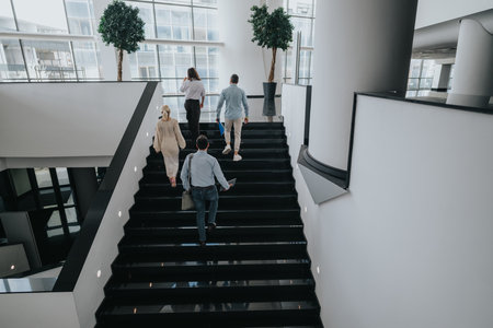 Colleagues walking up a sleek staircase in a modern corporate office buildingの写真素材