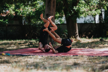 Pair performs acro yoga outdoors on a red mat in the park, balancing and practicing strengthの写真素材