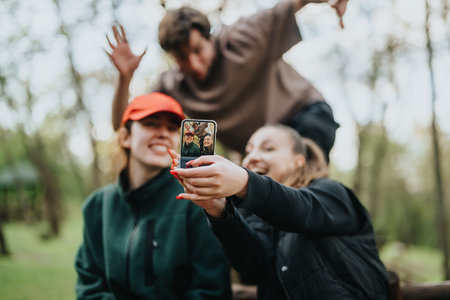 Friends take a group selfie outdoors in a park, sharing smiles and laughter on a sunny dayの写真素材