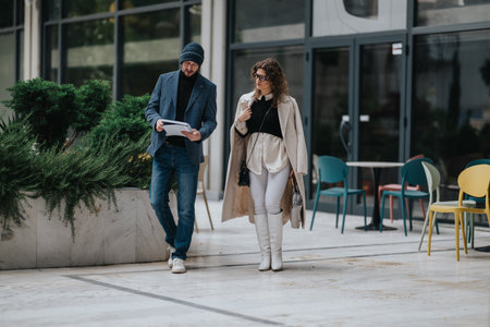 Two professionals walk outside a modern cafe, reviewing documents and planning a meetingの写真素材