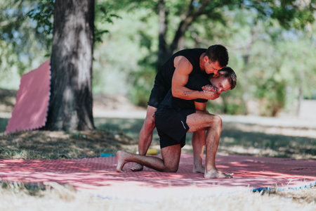 Outdoor wrestling training session with two men on a mat in the parkの写真素材