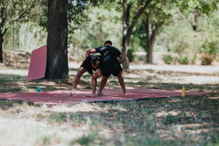Outdoor wrestling match on red mats in the park with two athletes grappling intenselyの写真素材