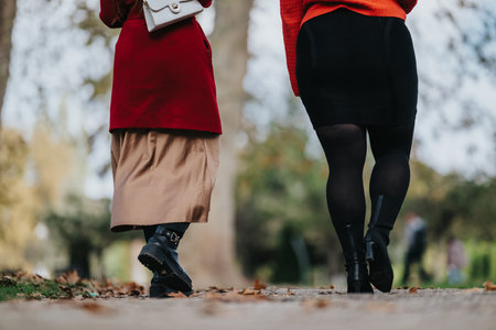 Two women walking together on a park path in autumn fashion, red and black outfitsの写真素材