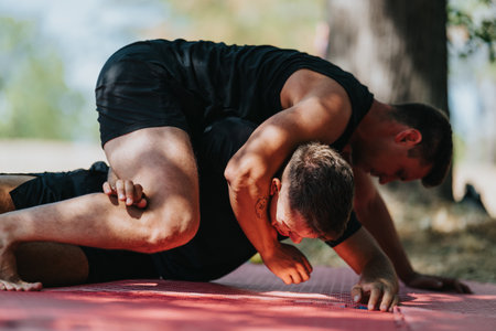 Two men wrestle on a red mat outdoors during a training sessionの写真素材