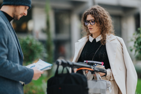 Business partners meet on a city street, exchanging documents and bags in a casual, professional momentの写真素材