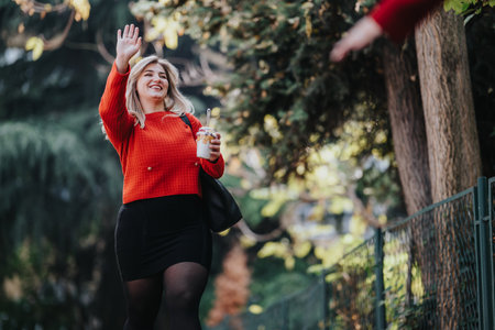 Woman in red sweater waves hello on sunny street, holding a jar and bagの写真素材
