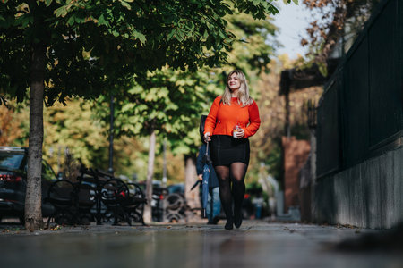 Woman walking on a city street in an orange sweater, holding a drink and umbrellaの写真素材