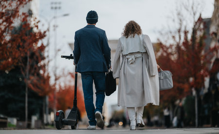 Two adults walk away in autumn city street, carrying bags with a scooter nearbyの写真素材