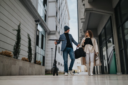 Stylish urban couple walking on a city street with bags and scooter, blending fashion and casual business vibesの写真素材