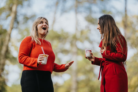 Two friends share laughs and drinks outdoors in red outfits, capturing cheerful, sunny park momentsの写真素材