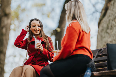 Two women share a drink and conversation on a park bench in autumn sunshineの写真素材