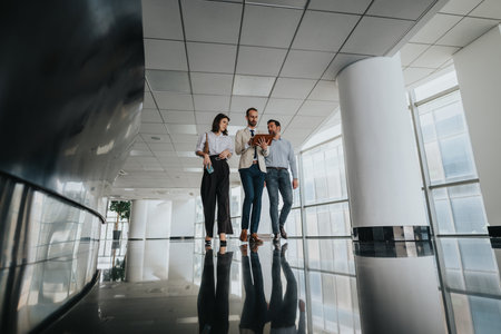 Three colleagues walk through a bright, modern office lobby, sharing a tablet in a casual, collaborative workdayの写真素材