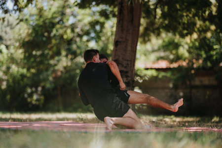 Outdoor wrestling match on a red mat in a park, two men grapplingの写真素材
