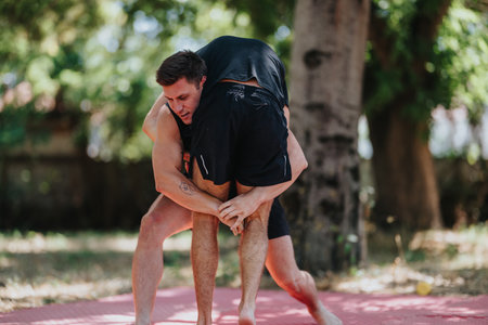 Two men wrestling outdoors on a red mat, showing strength and teamwork in an athletic momentの写真素材