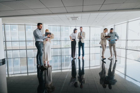 Colleagues in a modern office hallway review documents and tablets during a group sessionの写真素材