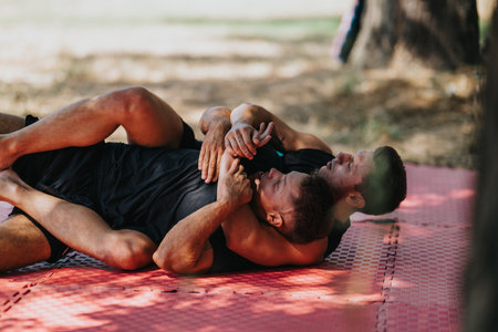 Two men wrestle on a red mat outdoors during a training sessionの写真素材