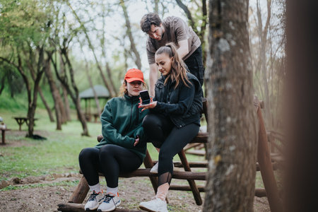 Friends gather on a park bench, checking a phone together in a casual outdoor hangoutの写真素材