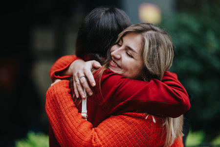 Two women share a warm hug and smile, expressing friendship and happiness in red sweatersの写真素材