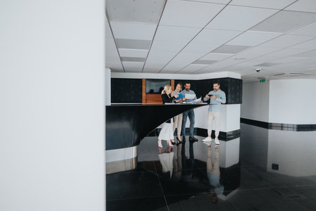 Group of colleagues at a modern reception desk in a bright office lobbyの写真素材