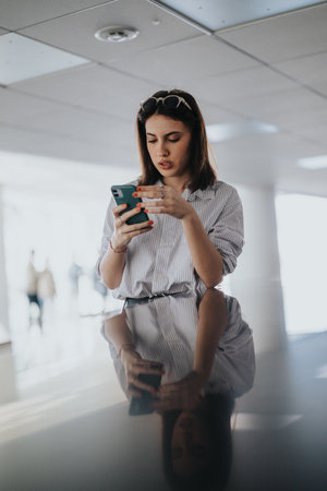 Young woman using a smartphone in a modern indoor space with a reflective table surfaceの写真素材