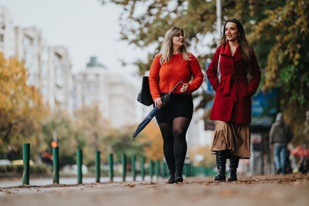 Two friends walk on autumn city street in stylish fall outfits, red coat and orange sweaterの写真素材