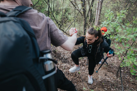 Hikers on a forest trail help each other climb a steep path during a hikeの写真素材