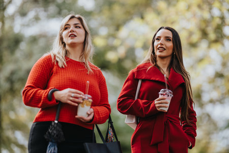 Two friends walk outdoors in autumn wearing red, sipping drinks, enjoying a casual day togetherの写真素材