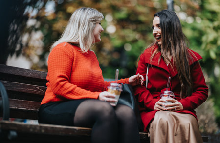Two friends on a park bench share a laugh while sipping iced coffee in red coatsの写真素材