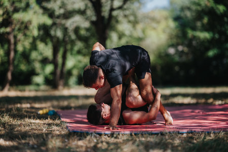 Outdoor wrestling match on a red mat between two athletes in a park settingの写真素材