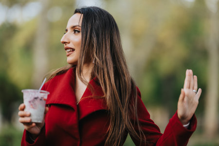 Woman in a red coat enjoys a cold drink outdoors, smiling and waving in the parkの写真素材