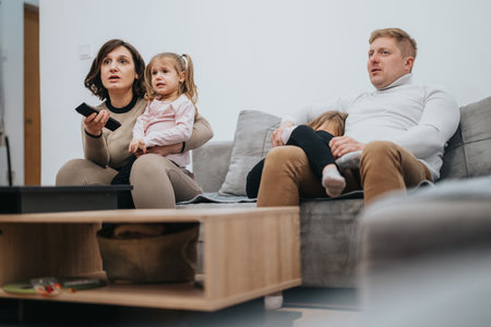Family spending time together on a cozy evening in their living roomの写真素材