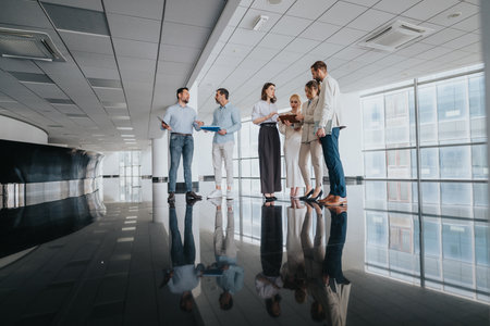 Group of colleagues and coworkers in a modern office discussing ideas by glass windowsの写真素材